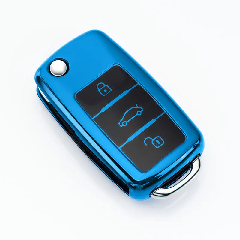TPU protective case for a Volkswagen folding car key fob in blue, pink, red, and silver colour options.