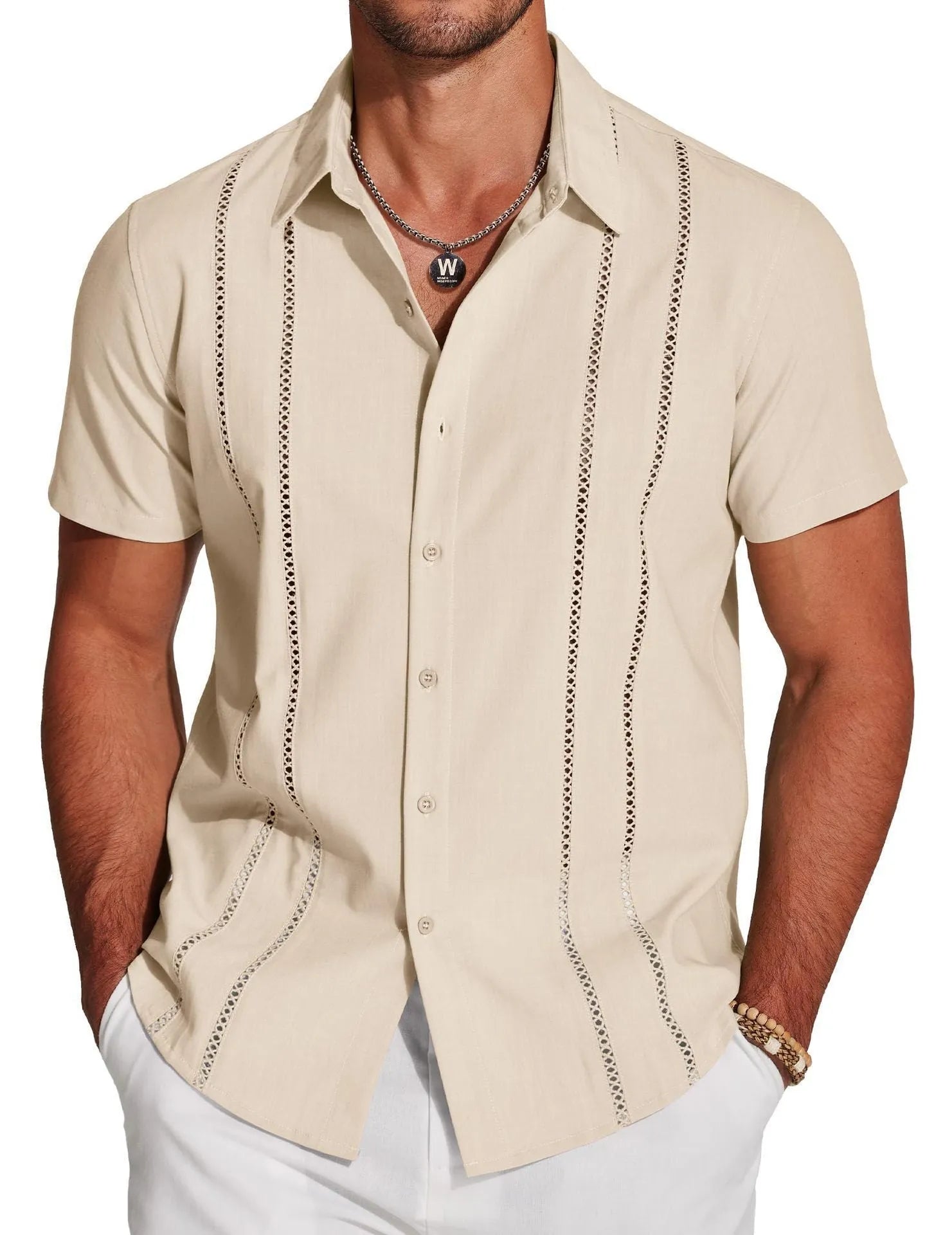 Men's slim fit Hawaiian short sleeve shirt in polyester fabric with digital printing