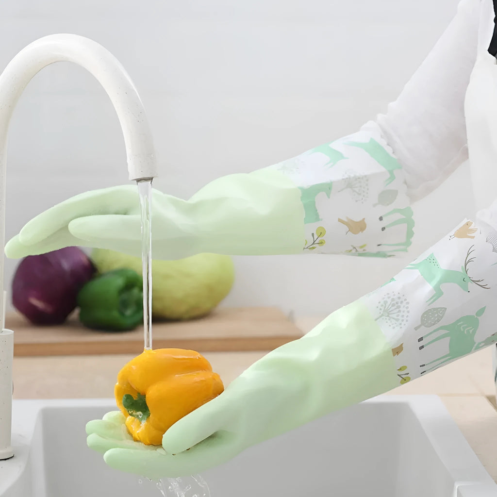 PVC waterproof cleaning gloves in Nordic blue with drawstring single layer collar