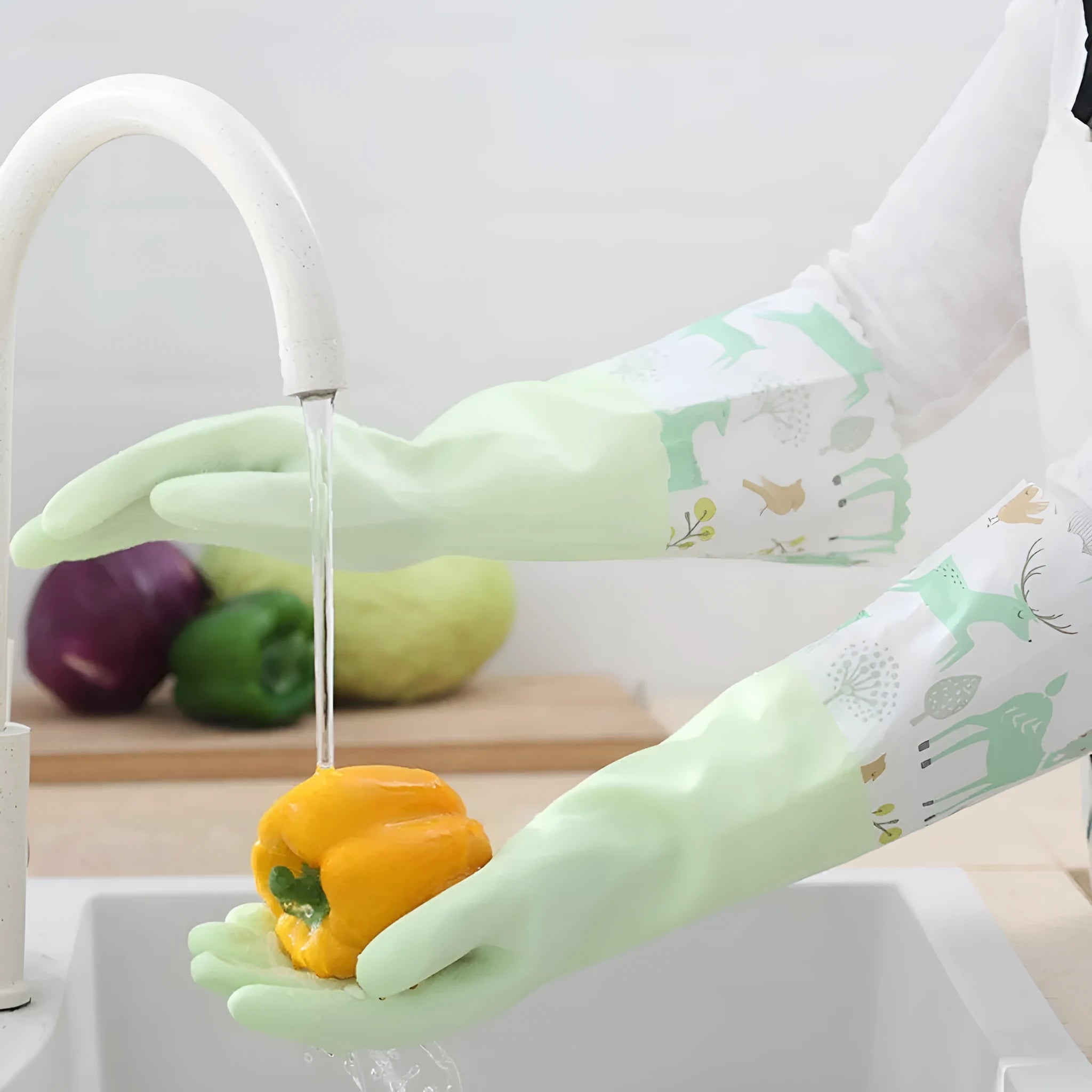 PVC waterproof cleaning gloves in Nordic blue with drawstring single layer collar
