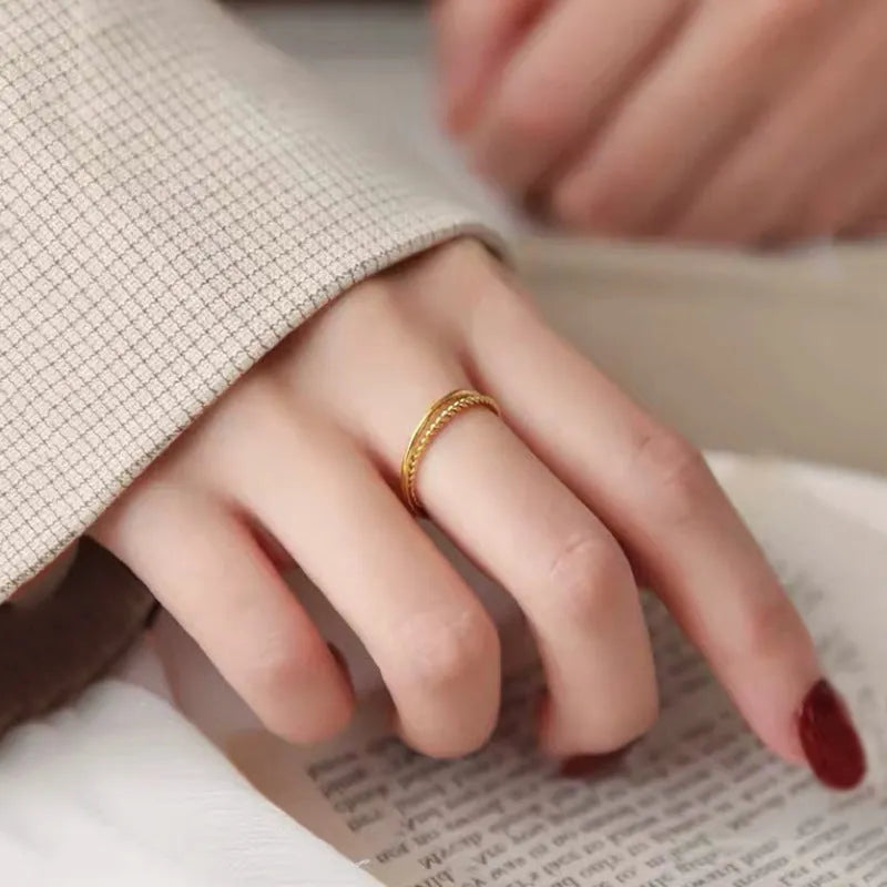 Women's simple bracelet ring in brass gold plating, showing matte, glossy, and twist style options.