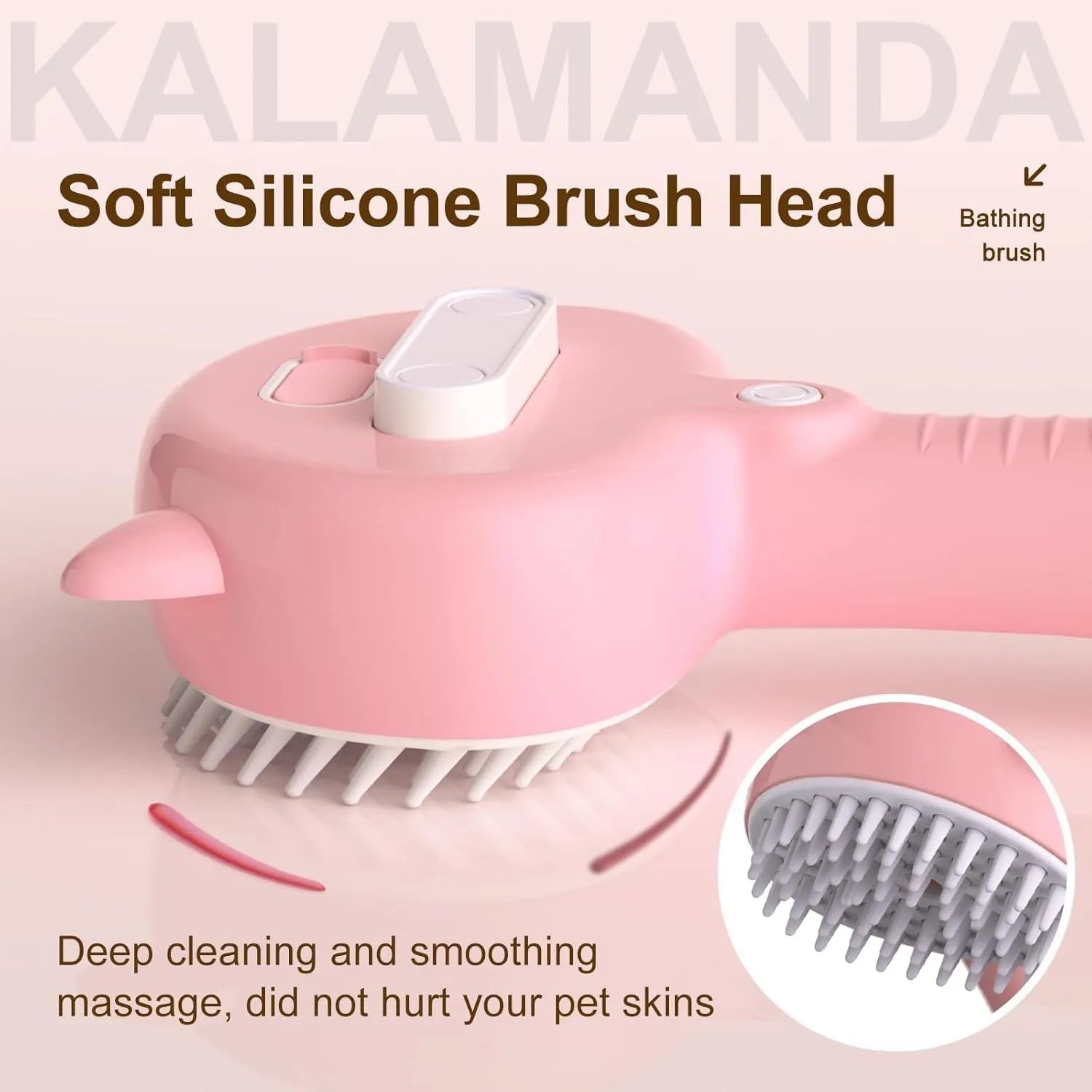 Blue cat steam brush with ergonomic handle, soft rubber teeth, and release button for pet grooming