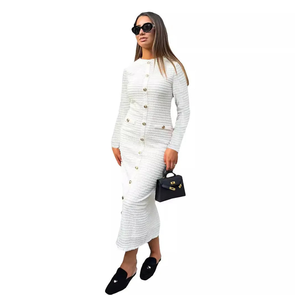 French retro slim fit knitted long-sleeved dress with button detail in black or white