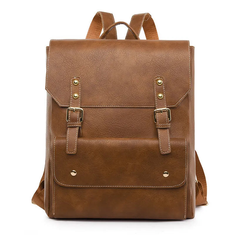 Korean style retro simple backpack in creamy white colour showing front view with zipper details