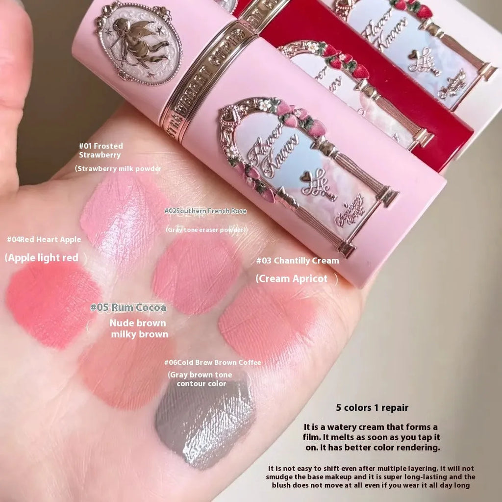 Cupid Series Liquid Blush bottle in one of six shades, showcasing its liquid formula on a hand swatch.