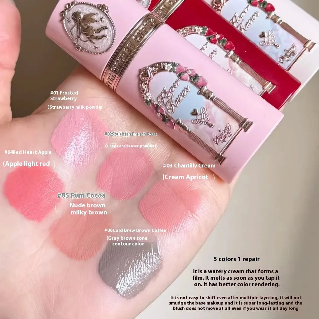 Cupid Series Liquid Blush bottle in one of six shades, showcasing its liquid formula on a hand swatch.