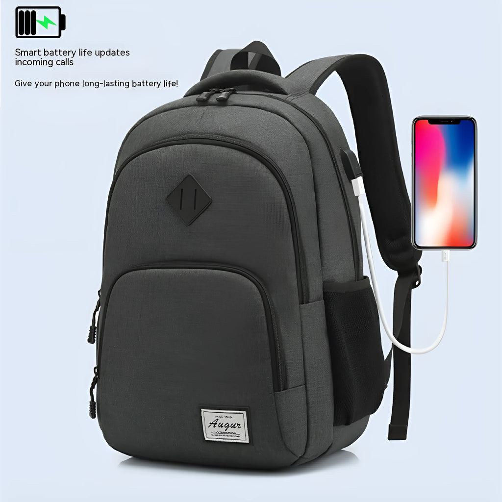 Grey nylon backpack with USB charging port showing dimensions and trolley straps