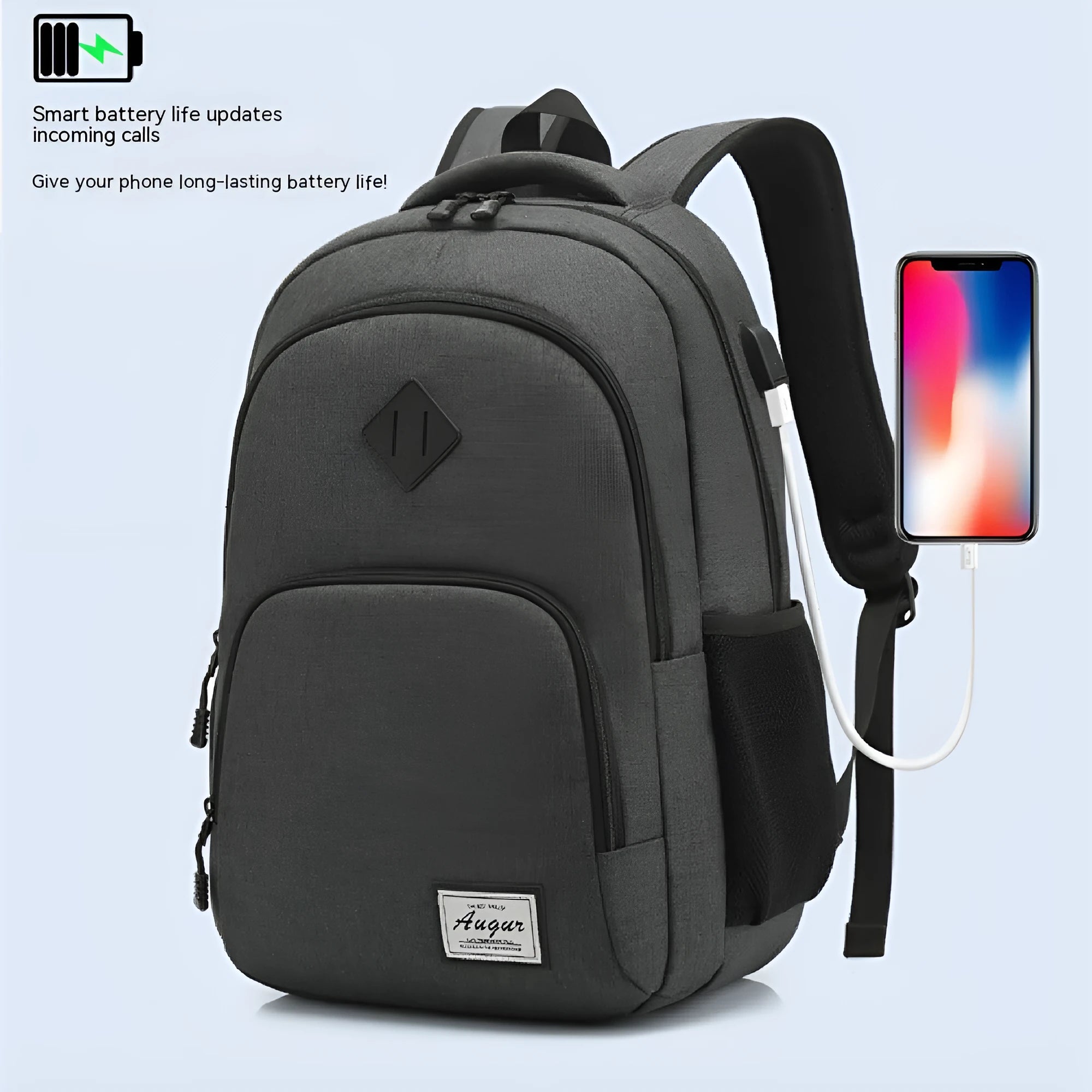 Grey nylon backpack with USB charging port showing dimensions and trolley straps