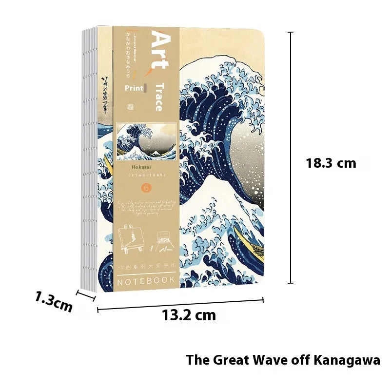 Ukiyo-e Kanagawa surfing village retro hand ledger notebook open on a desk.