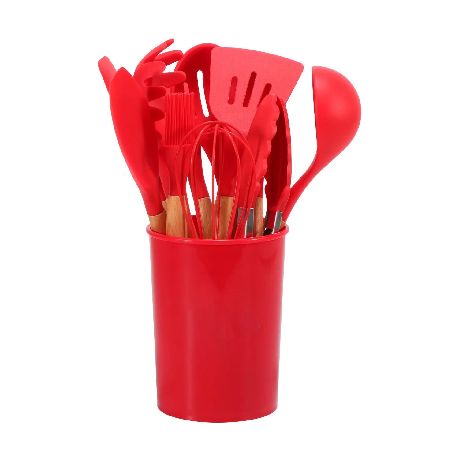 12-piece non-stick silicone kitchenware set with wooden handles in modern simplicity design, various colour box packaging options