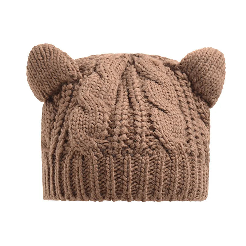 Hand knitted wool cat ear beanie in red colour for winter wear
