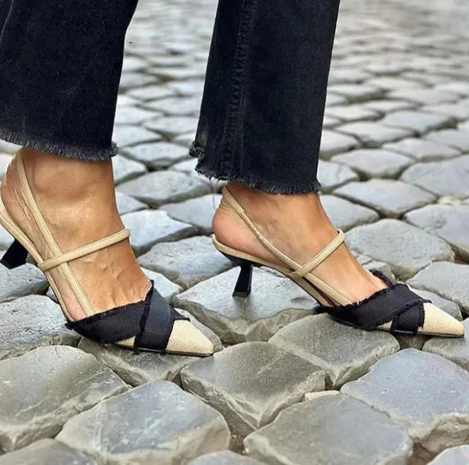 Women's apricot black colour block stiletto heel sandals with pointed toe and buckle fastening