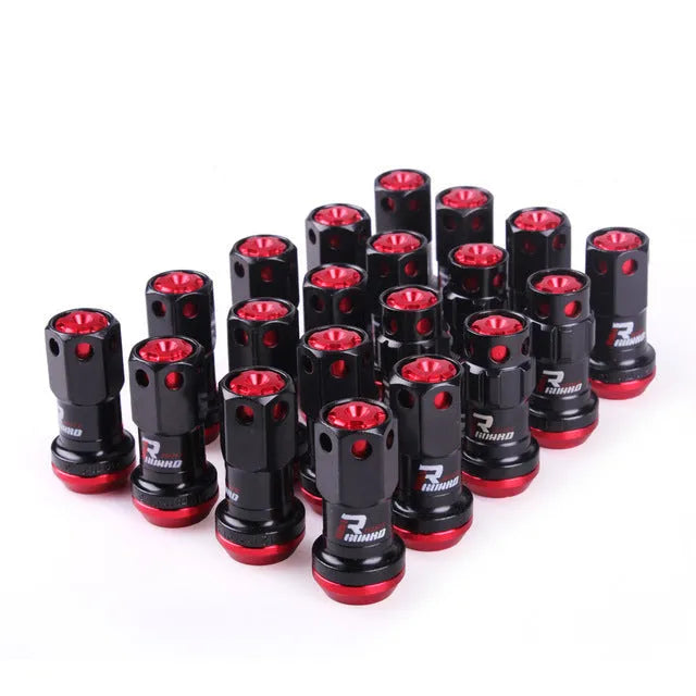 Set of flat head aluminium alloy wheel nuts in red, gold, blue, purple, and black colour variants.