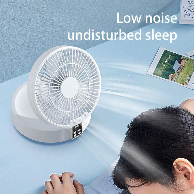White portable rechargeable folding fan with remote control and night light on desktop