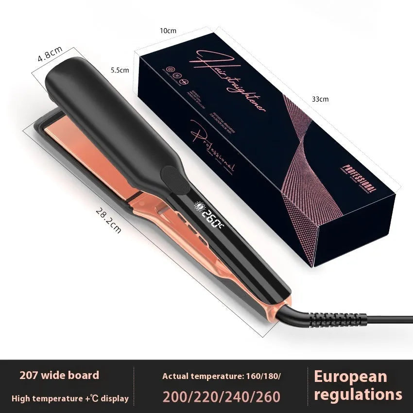 White ceramic hair straightener with temperature display showing 207°C setting
