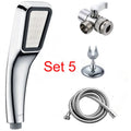 Orange hand-held pressurised shower head with rain function, part of a complete shower set
