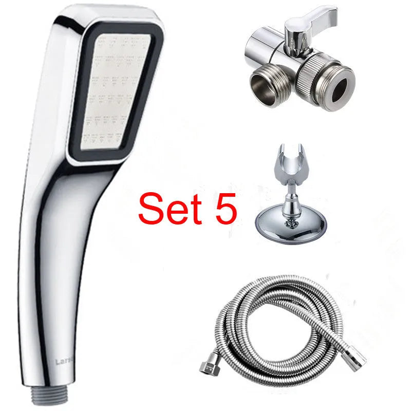 Orange hand-held pressurised shower head with rain function, part of a complete shower set