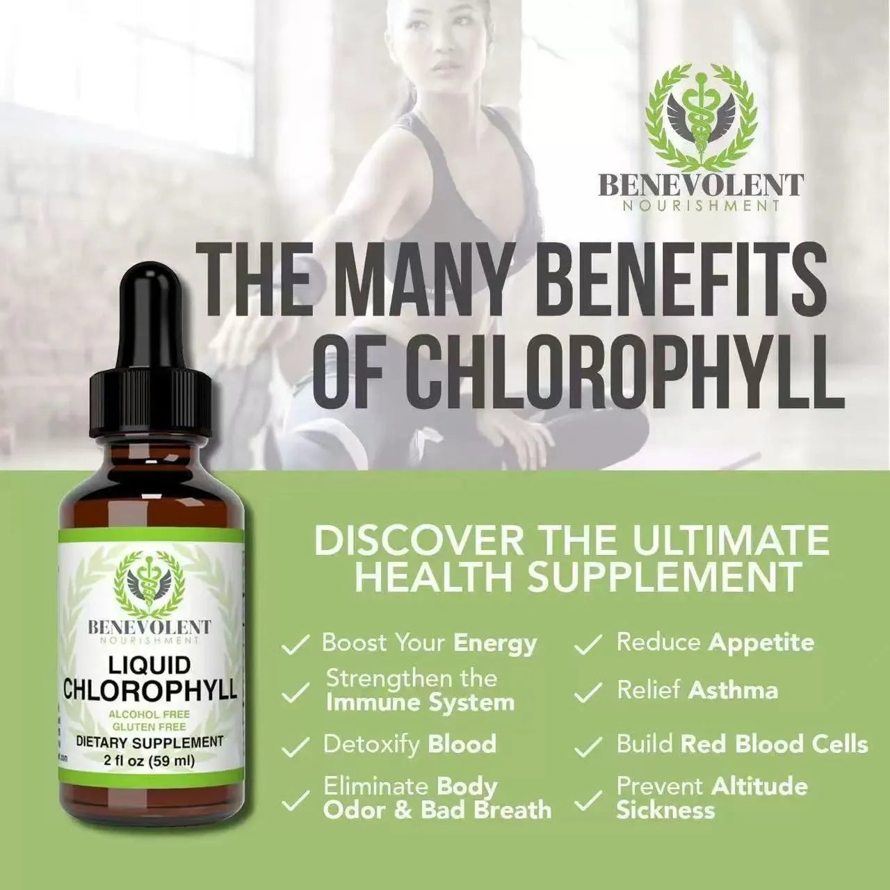60ml bottle of natural mint-flavoured liquid chlorophyll drops with dropper for adult intestinal care