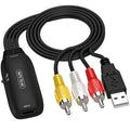 HDMI to AV converter adapter with 110cm cable showing RCA cable and two-terminal connector options