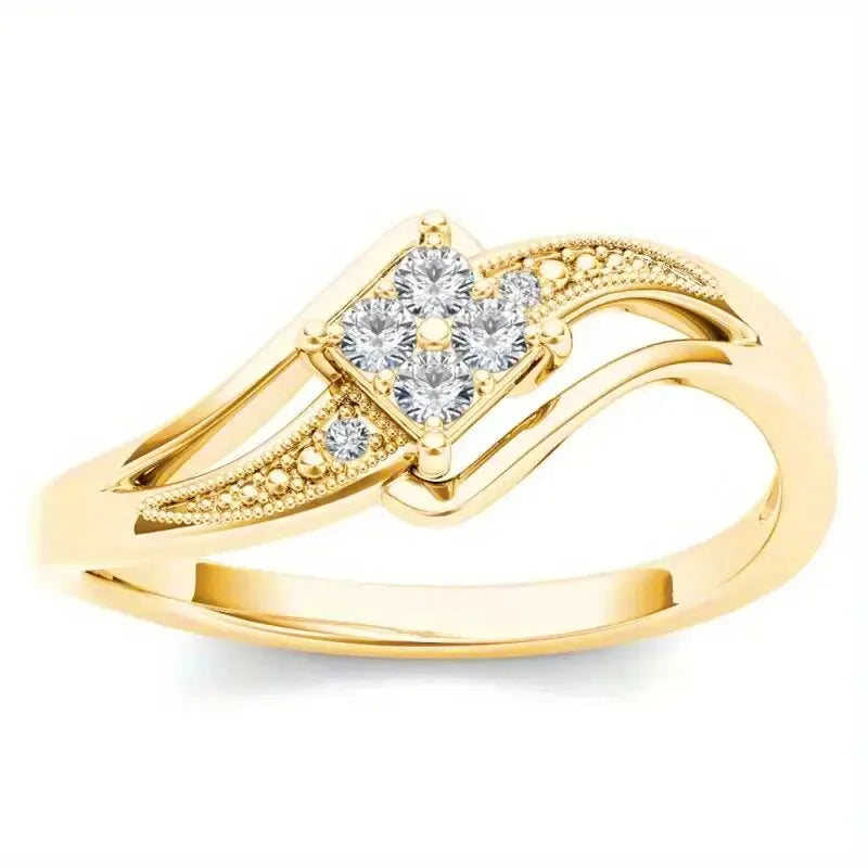 Yellow gold coloured copper diamond ring with micro inlaid zircon detail and geometric quadrangle design.
