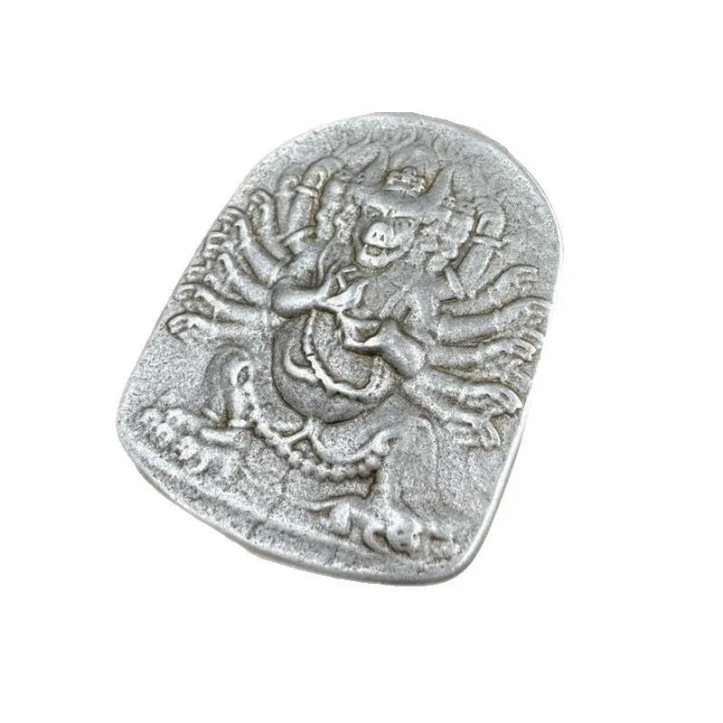 Iron Chinese style geometric pendant ornament with Buddhist deity design for wall hanging decoration.