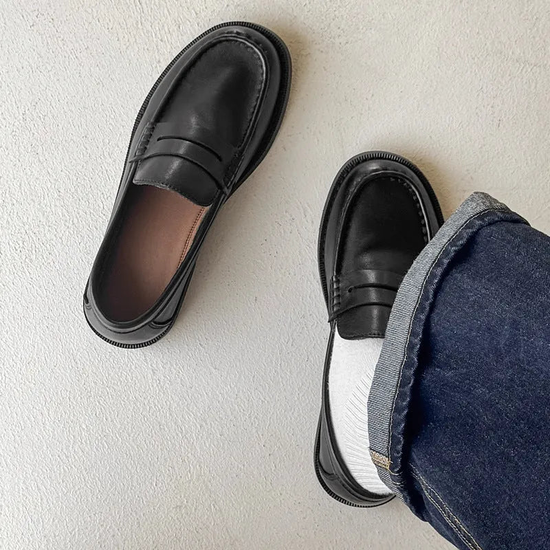 Men's slip-on casual loafers in microfiber leather, shown in black, beige, apricot, and brown colour options.
