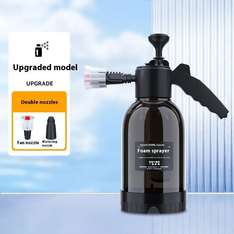 Black hand-held 2 litre foam sprayer watering can with comfortable handle for car washing and plant watering