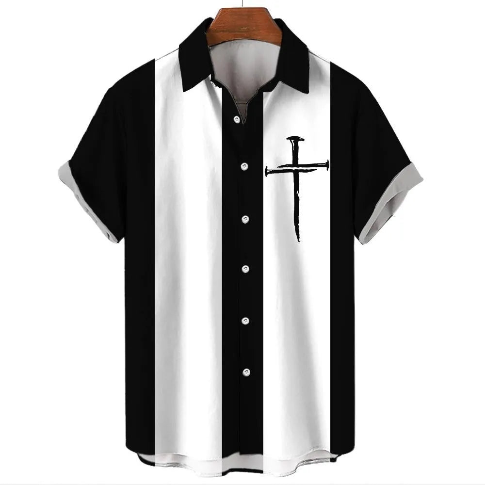 Men's striped Hawaiian shirt with button-down front and short sleeves in casual style