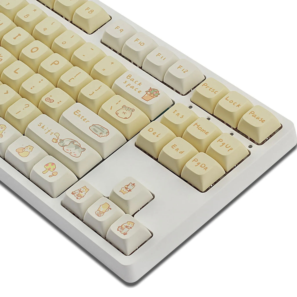 Custard colour mechanical keyboard keycaps with mouse artwork for 68-100% keyboard layouts