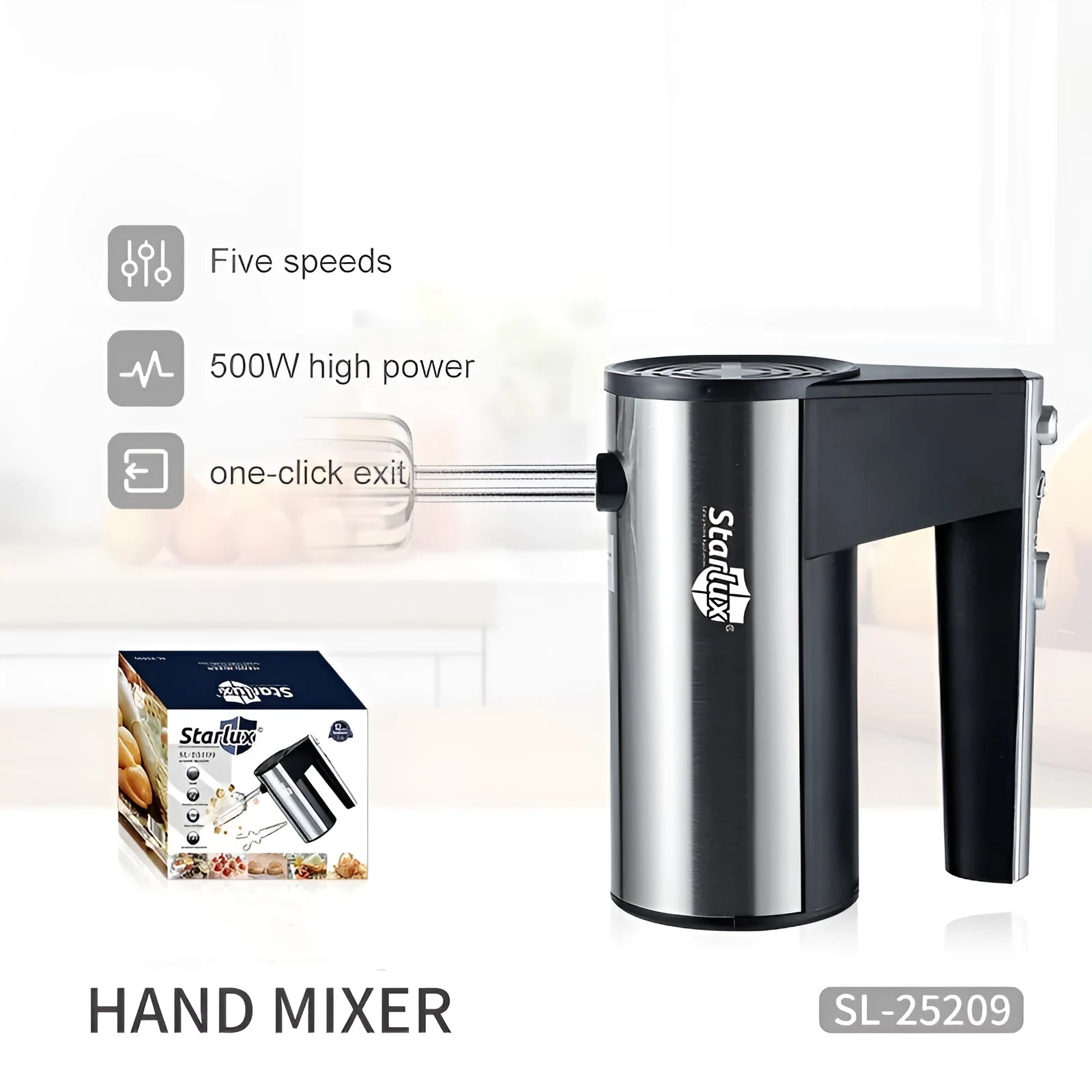 Hand-held electric whisk mixer with five speed settings for baking tasks