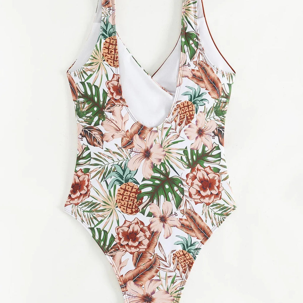 Women's one-piece swimsuit with multicolor tropical plants print, polyester, sizes S-XL