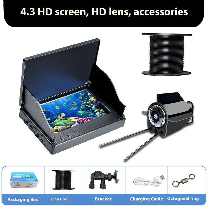 Underwater fish finder HD camera with 4.3-inch screen and temperature sensor on a fishing boat.