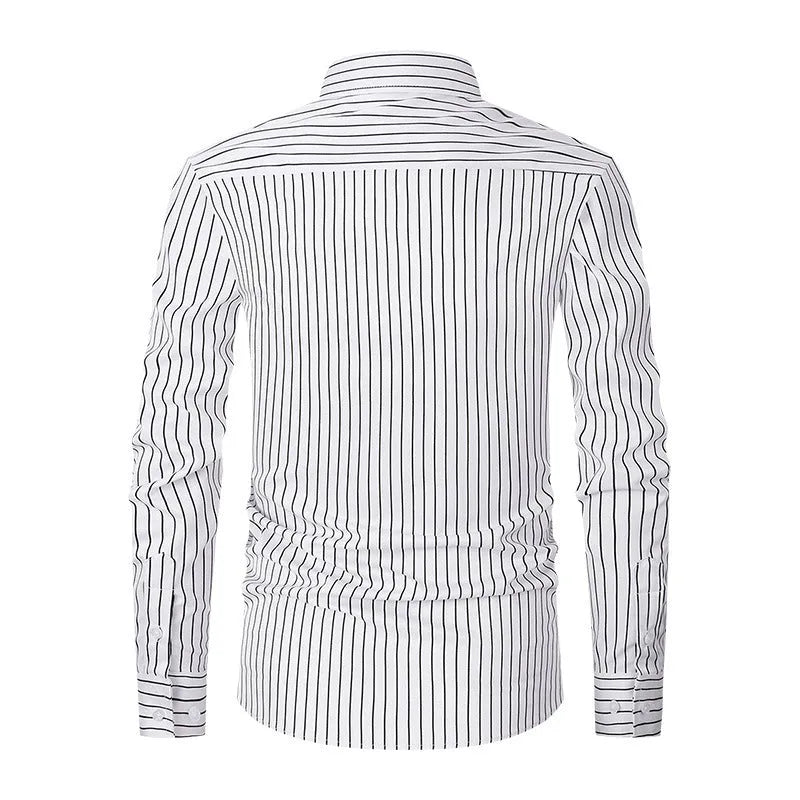 Men's slim fit striped business shirt in ice silk polyester blend fabric on hanger