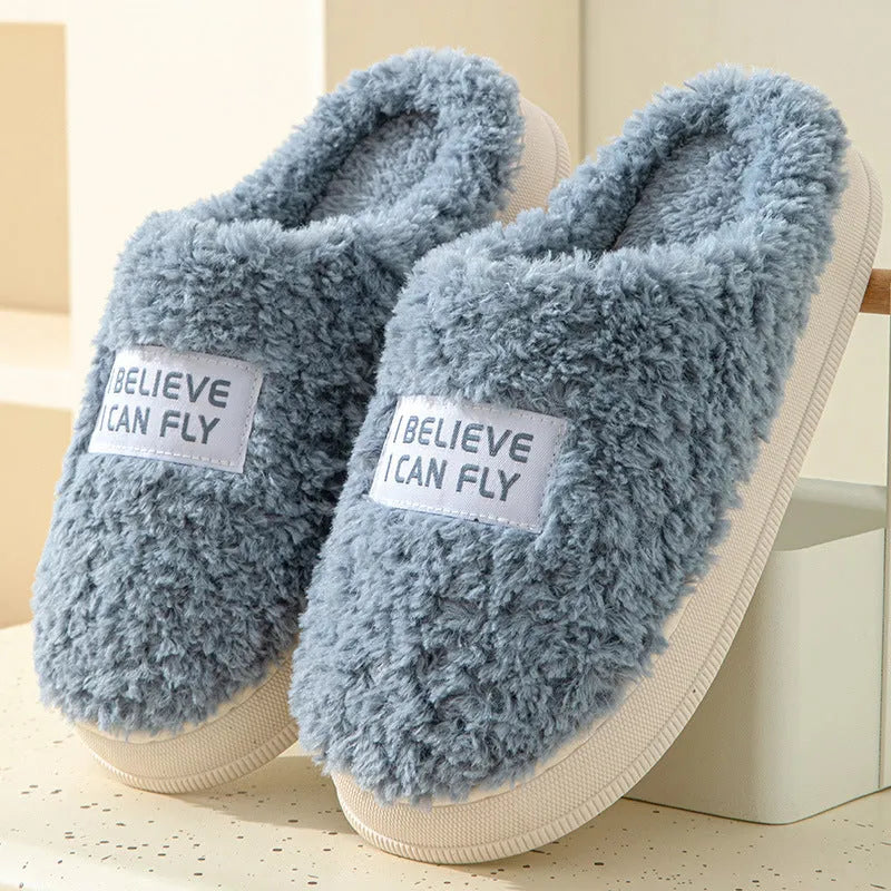 Letter design thick sole home slippers in dark grey with plush upper and non-slip PVC sole