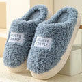 Letter design thick sole home slippers in dark grey with plush upper and non-slip PVC sole