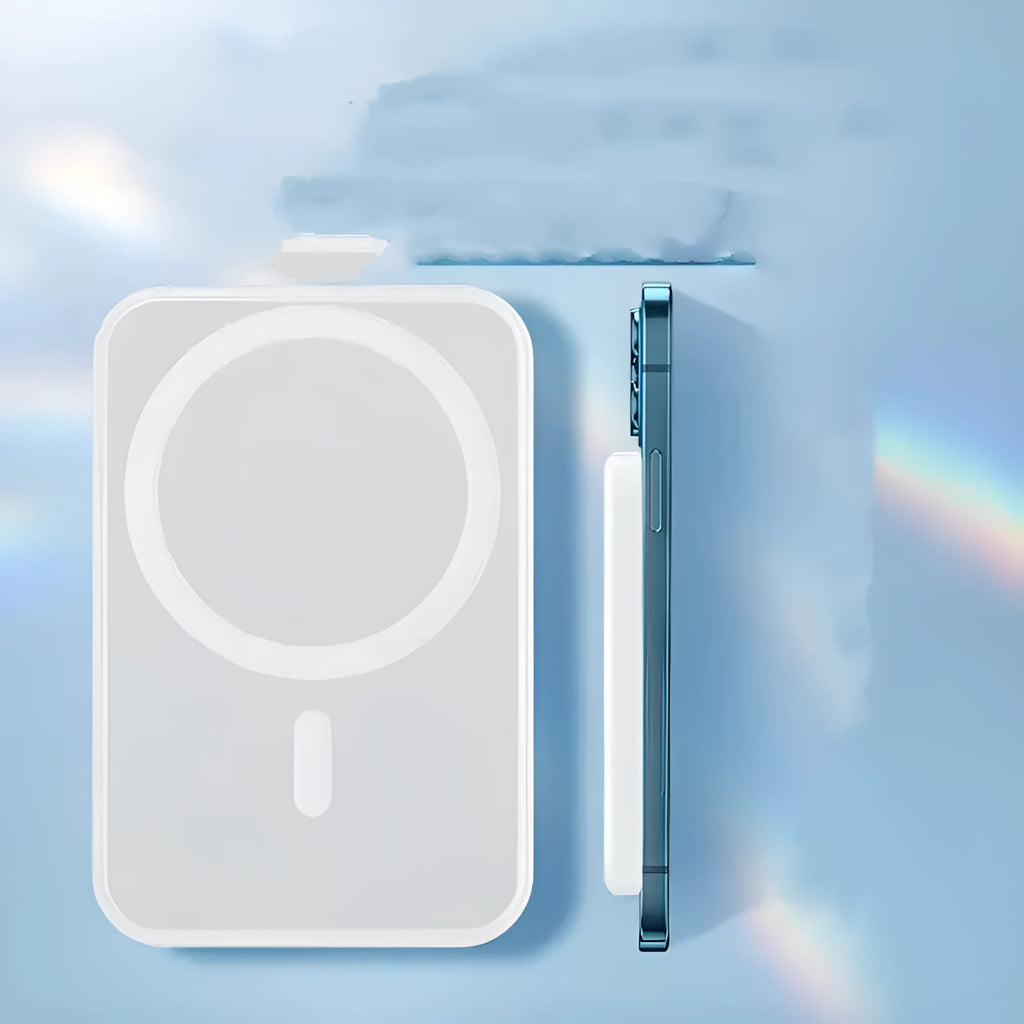 White magnetic wireless charging power bank with 5000mAh capacity showing compact dimensions