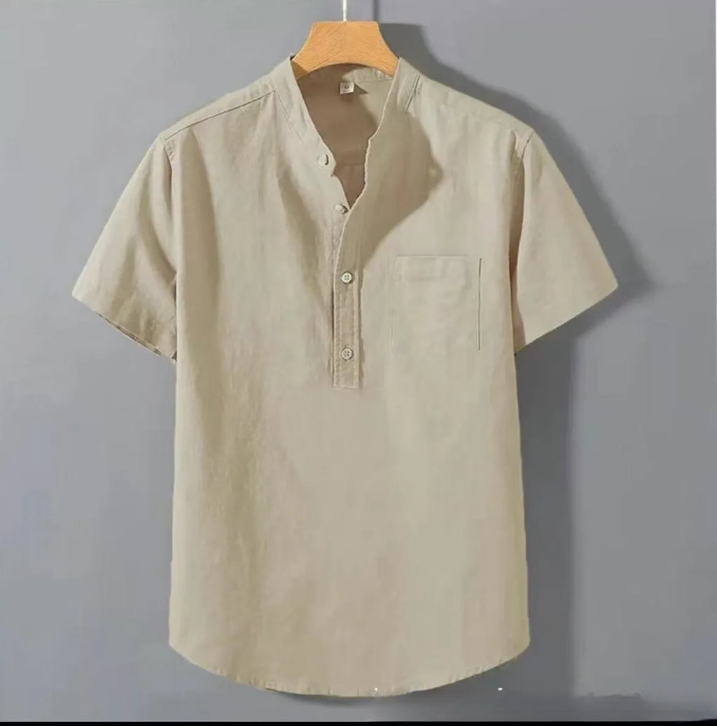 Men's beige slub linen casual shirt with stand collar and short sleeves on a hanger.