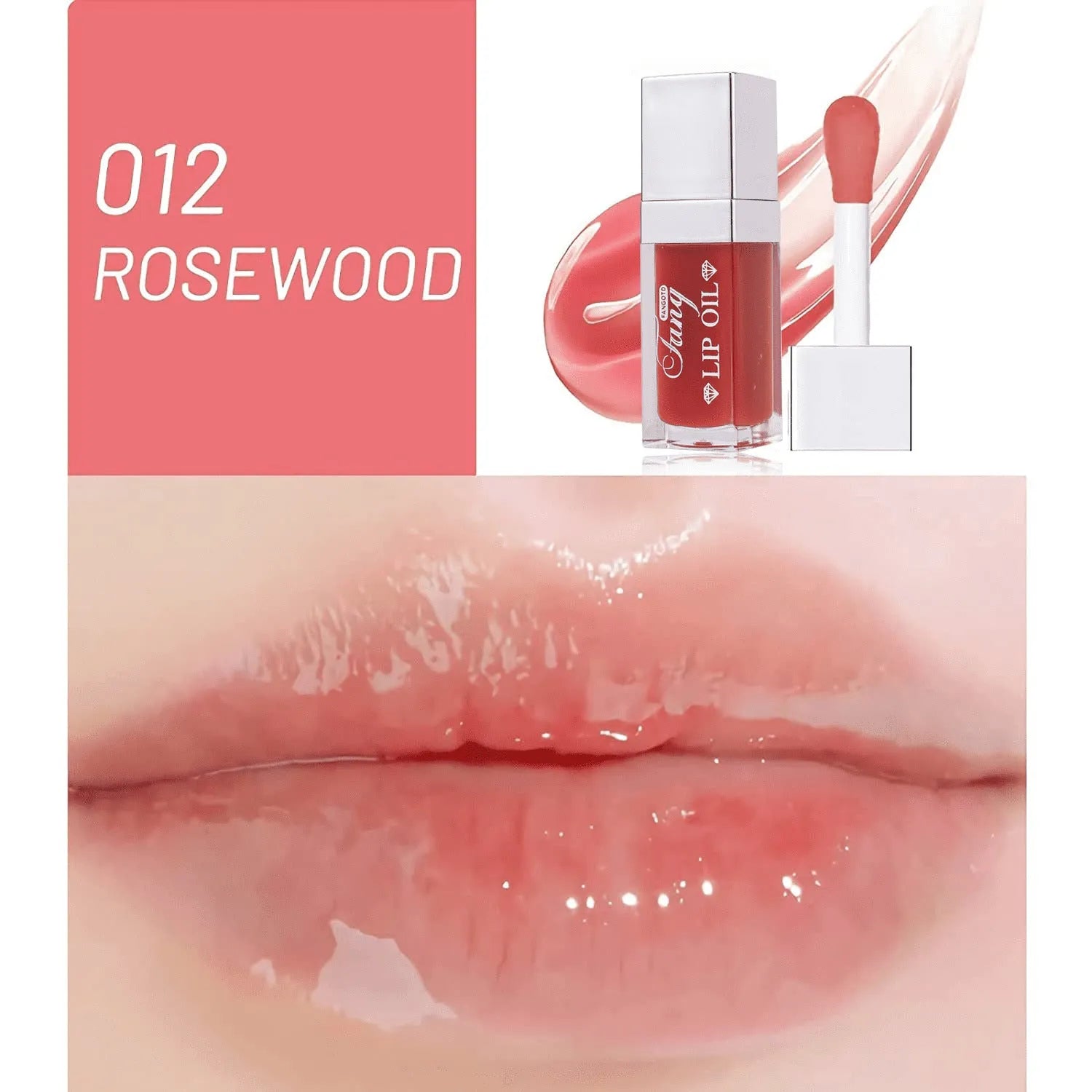 Mint lip gloss tube in one of five colours including bright pink, orange and dark red.