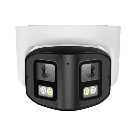 4MP dual-lens panoramic CCTV security camera with metal IP66 housing.