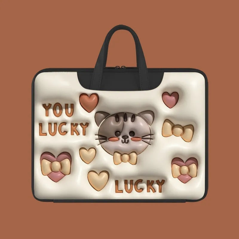 Inflatable PU leather laptop bag in a character design, shown hanging from a suitcase handle.