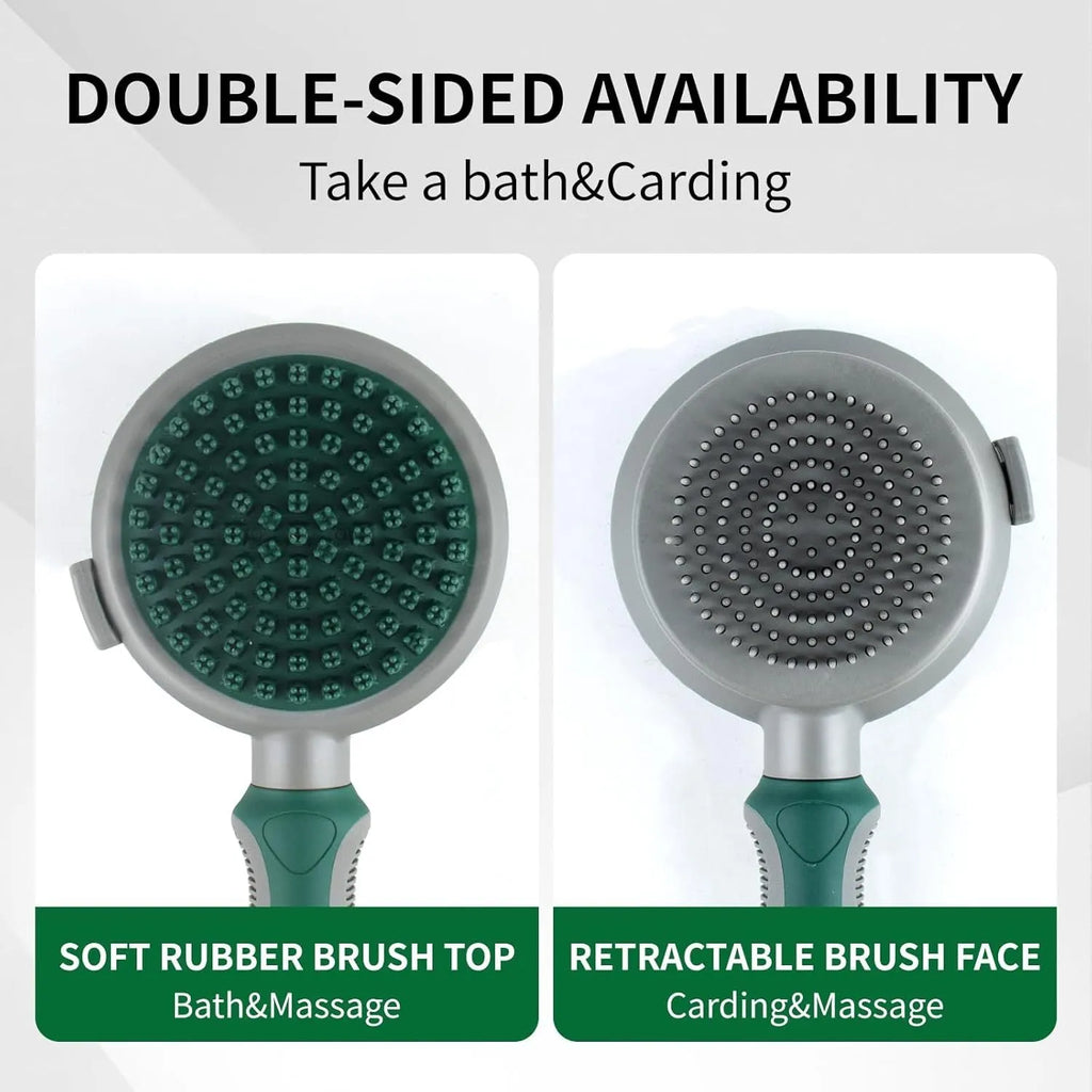 Green and pink two-sided silicone cat grooming brush with retractable slicker and massage pins