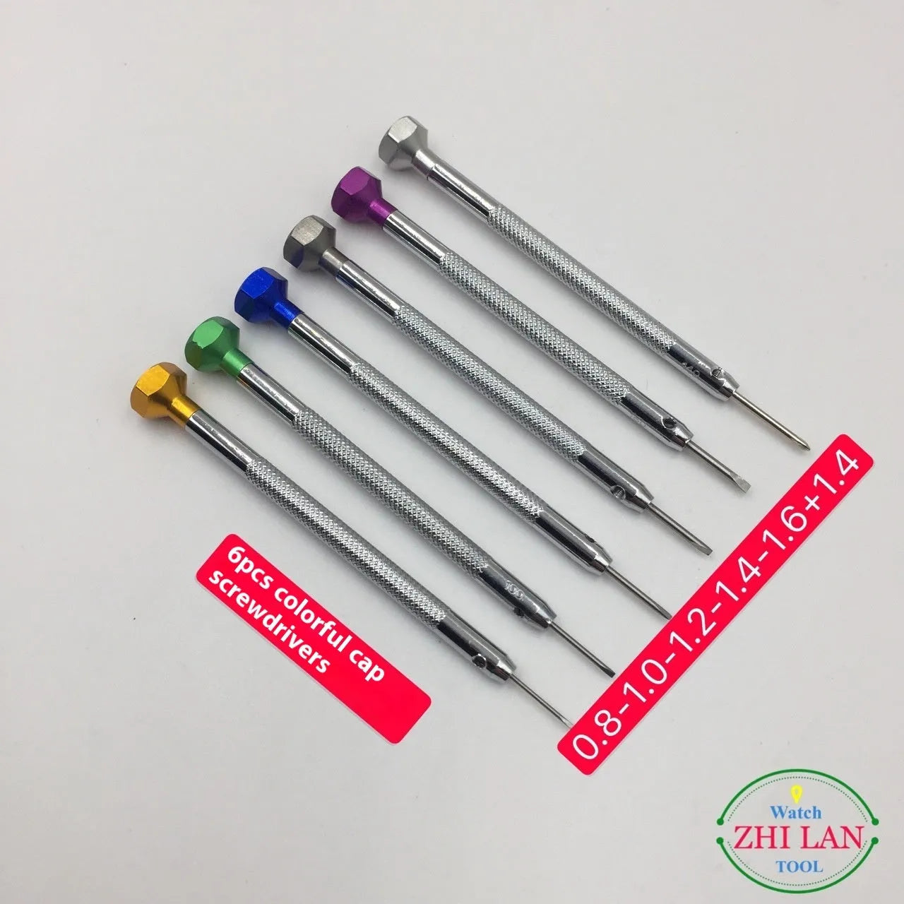 Six colour-coded watch repair screwdrivers with copper handles stored in an open aluminium case.