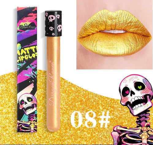 Halloween creative makeup lip gloss in skull test tube with matte gold silver finish