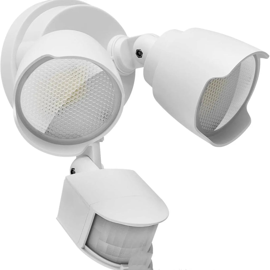 White outdoor LED security floodlight with motion sensor mounted on wall