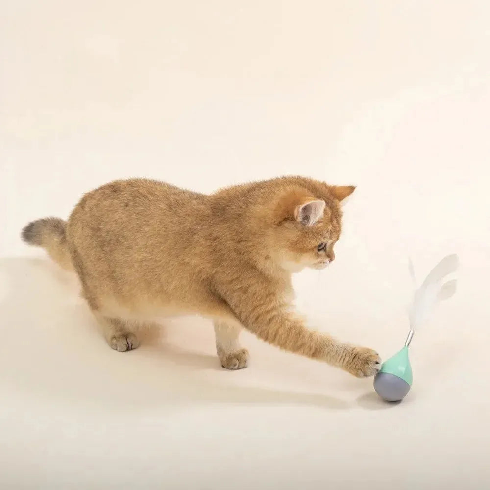 Green feather tumbler cat toy with ABS plastic construction and goose feathers