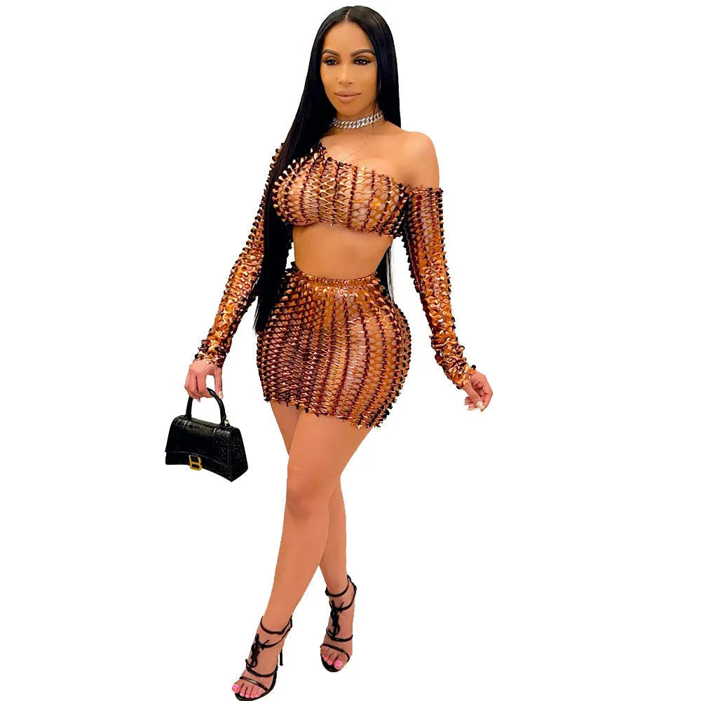 Women's black hollow-out sleeveless top and short skirt two-piece set