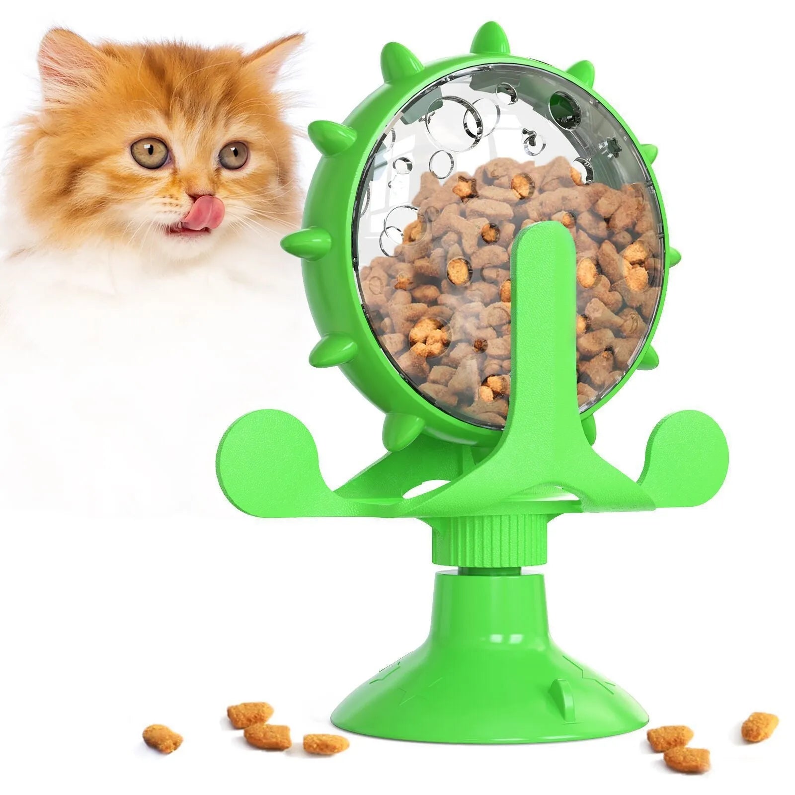 Interactive cat puzzle toy with rotating snack dispenser in blue, green, red, or yellow colours