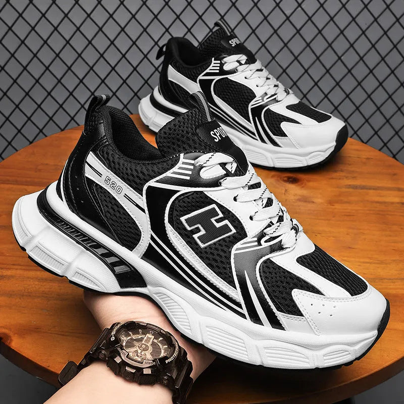 Men's white orange mesh running shoes with round toe and injection moulded sole
