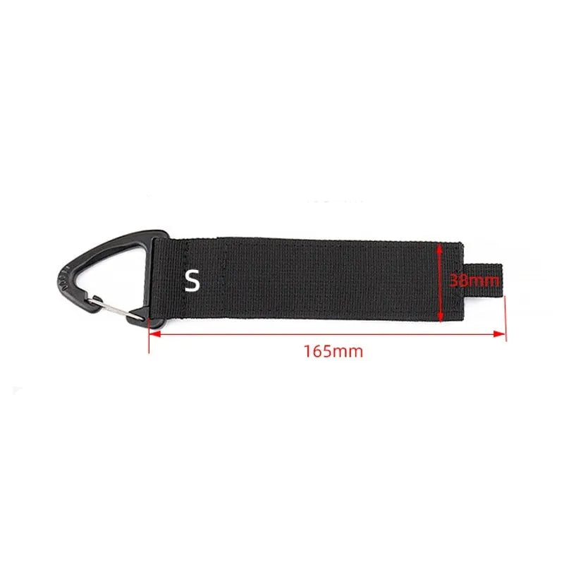 Black climbing button carabiner storage strap showing three size options for garage and outdoor organisation