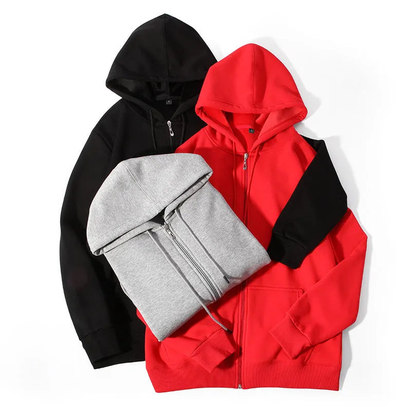 Men's plus size zipper hooded sweater in charcoal grey, showing front zipper and top stitching pockets